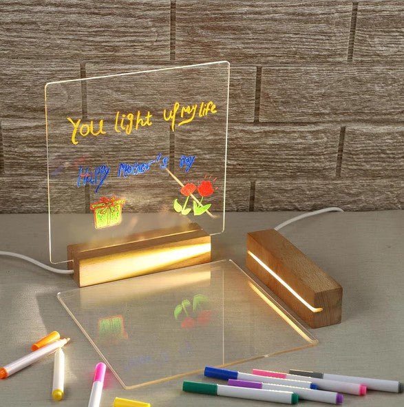 Luminious 3D Acrylic Writing DIY Board with 12 Pens LED Night Light Message Board, Rewritable Message board with Wooden stand, Dry Erase Board for Home & Office. - Memories InsiteWood message board -2